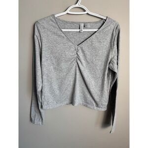 H&M Divided Ruched V-Neck Long Sleeve Crop Top Grey XL Minimalist Basic Coquette